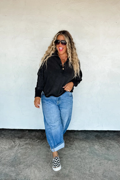 Marley Snap Button Pullover Top (Black)