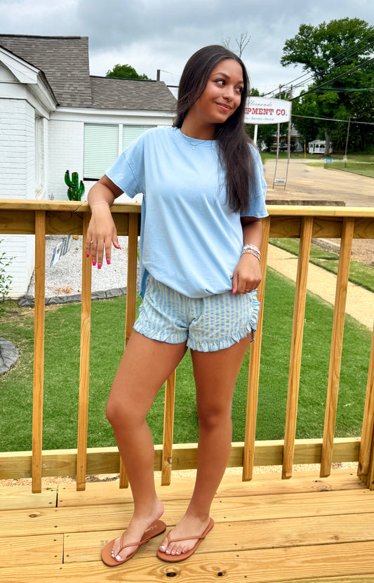 Boho Stripe Ruffle Shorts (Blue)