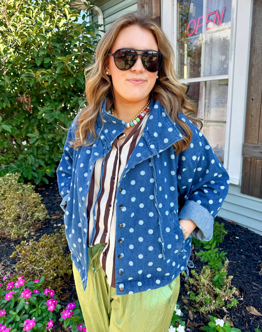 Rally Around Button Up Windbreaker (Denim Polka Dot)