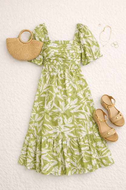 By The River Puff Sleeve Midi Dress (Green)