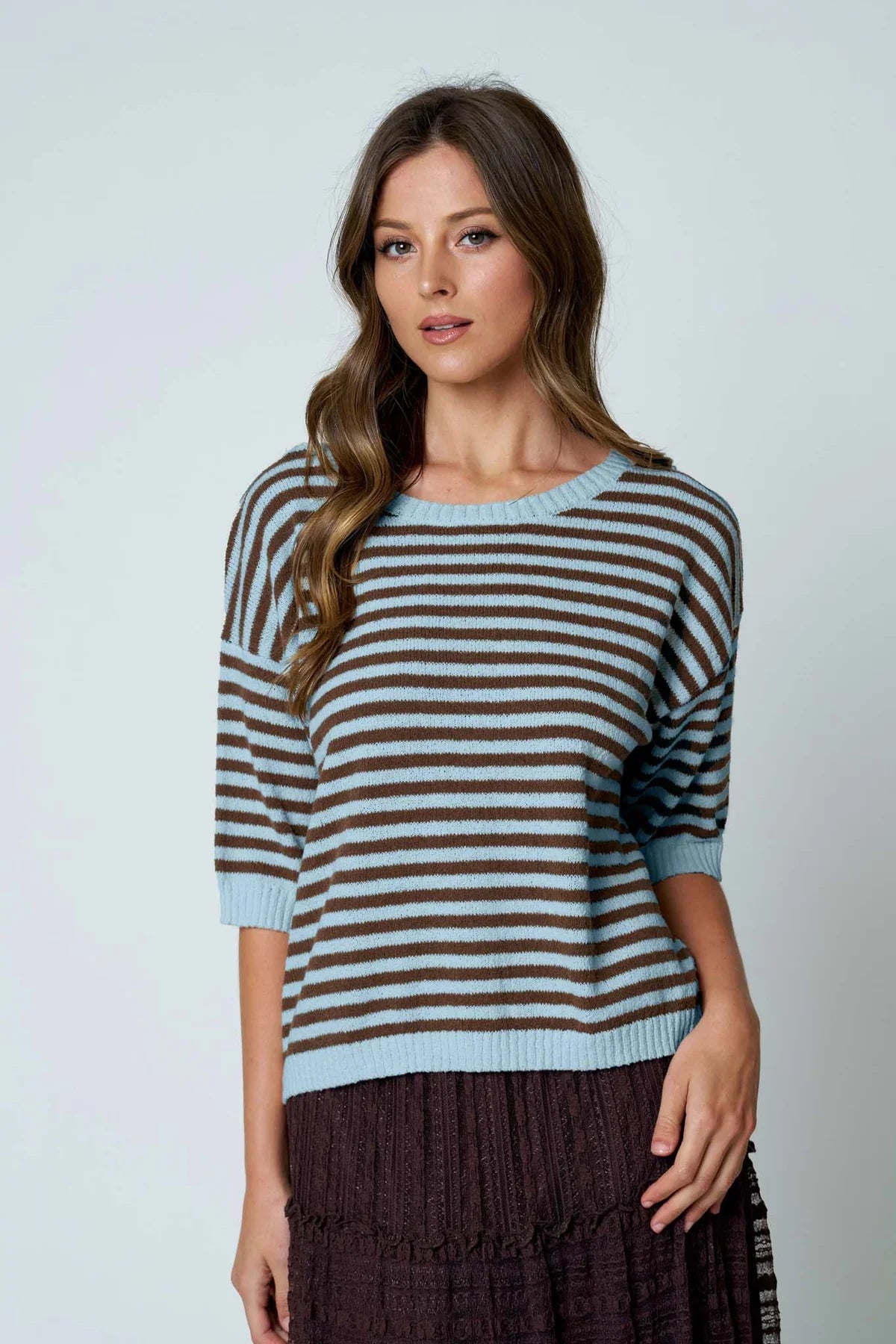 Stripe Contrast Button Back Sweater (Blue)