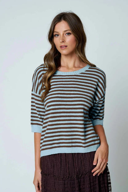 Stripe Contrast Button Back Sweater (Blue)