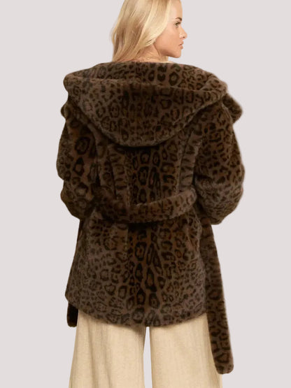 Sara Hooded Fur Coat (Leopard)