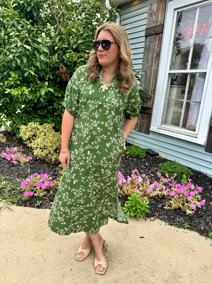 Catie Floral Midi Dress (Olive Green)