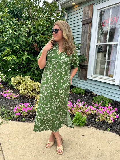 Catie Floral Midi Dress (Olive Green)