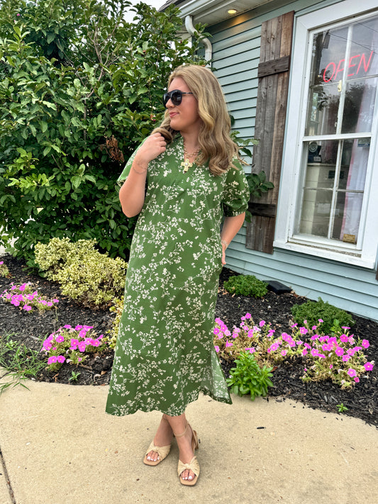 Catie Floral Midi Dress (Olive Green)