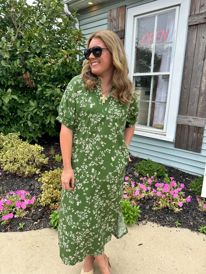 Catie Floral Midi Dress (Olive Green)