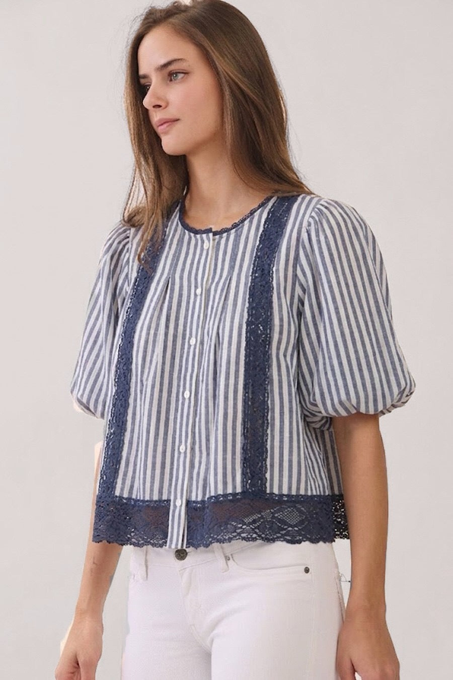 Stripes + Lace Blouse (Navy)