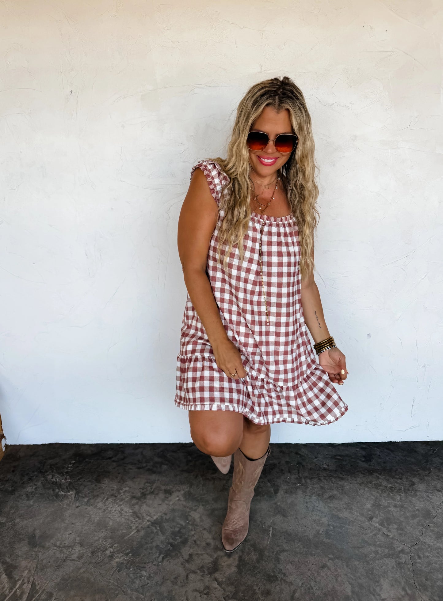 Sunset Tides Gingham Dress (Mocha)