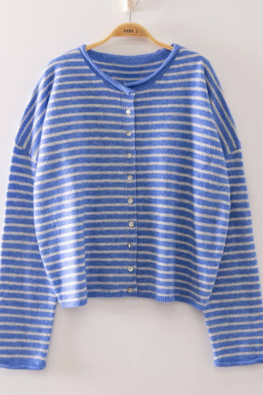Hi There Striped Button Down Sweater (Blue)