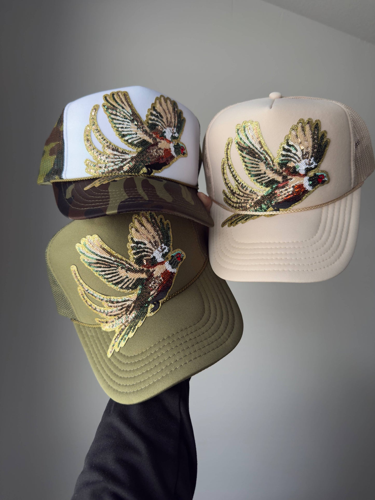 Fly Girl Sequin Pheasant Trucker (Olive)