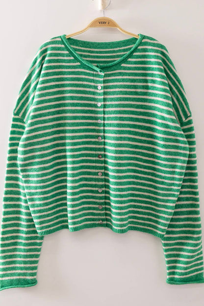 Hi There Striped Button Down Sweater (Green)