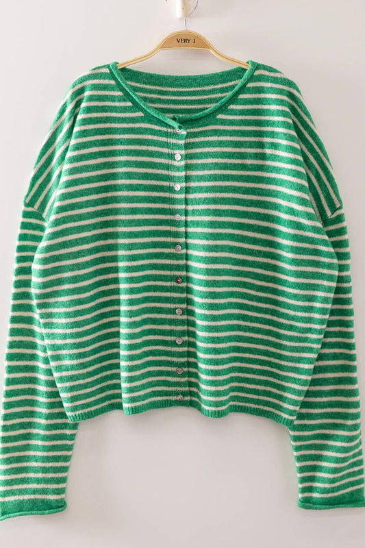 Hi There Striped Button Down Sweater (Green)