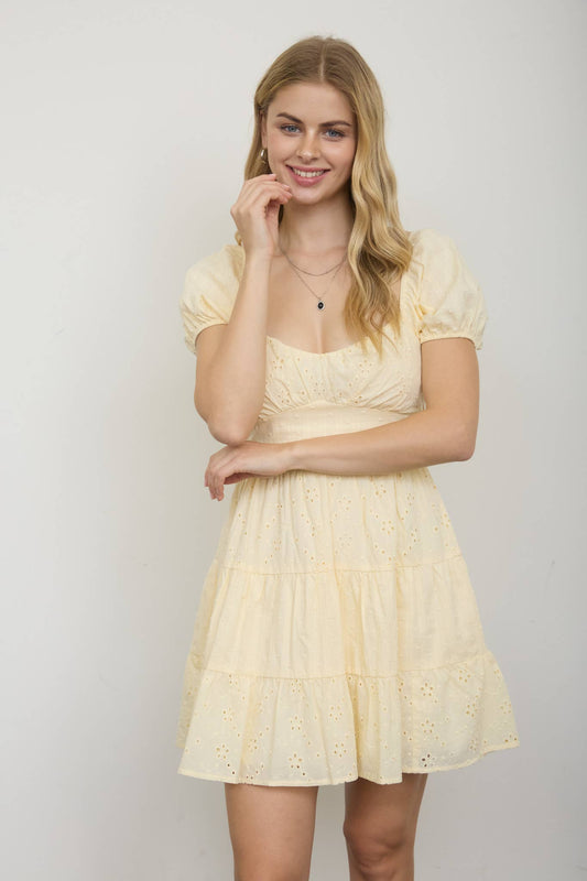 Eyelet Puff Sleeve Mini Dress (Yellow)