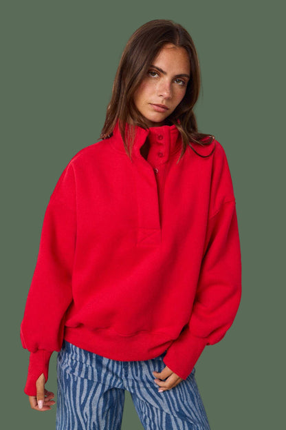Sadie Half Button-Up Pullover (Red)