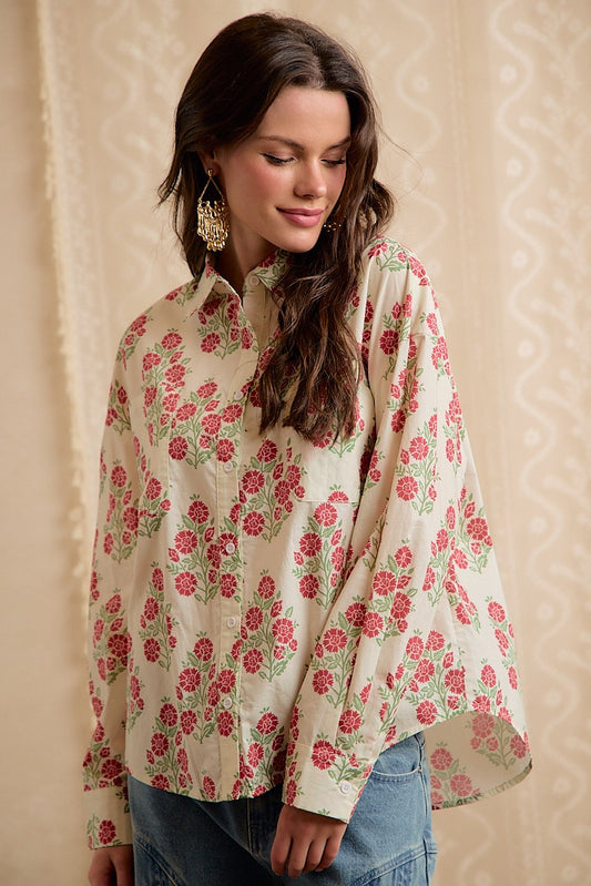 Poppie Floral Button Down Blouse (Cream)