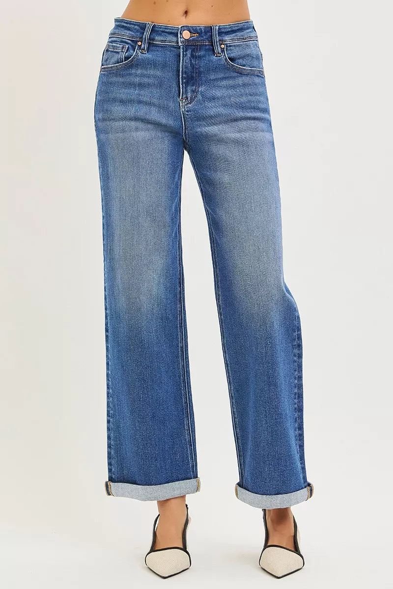 Risen High Rise Straight Cuffed Jeans