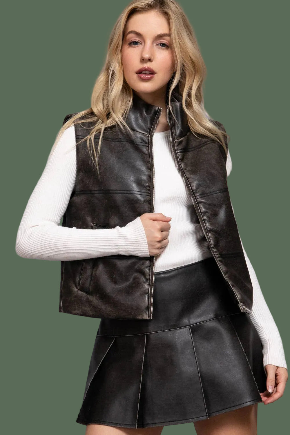 Washed Effect Faux Leather Vest (Black)