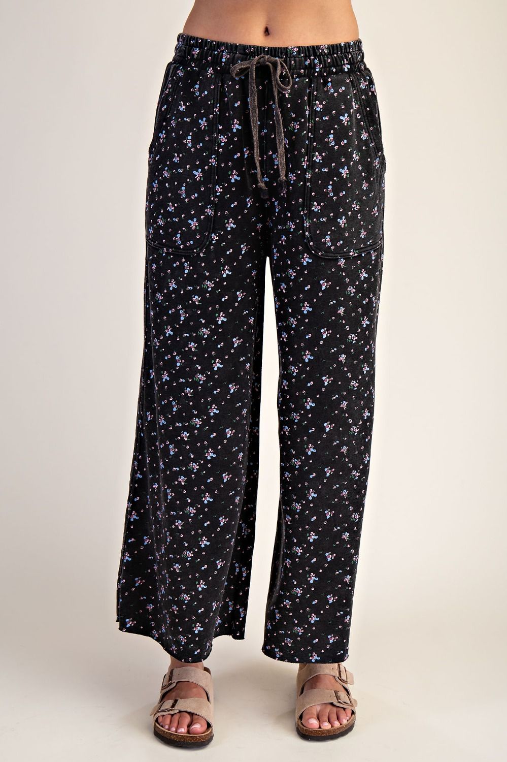 Happy Floral Wide Leg Pants (Black)