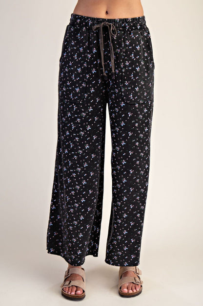 Happy Floral Wide Leg Pants (Black)