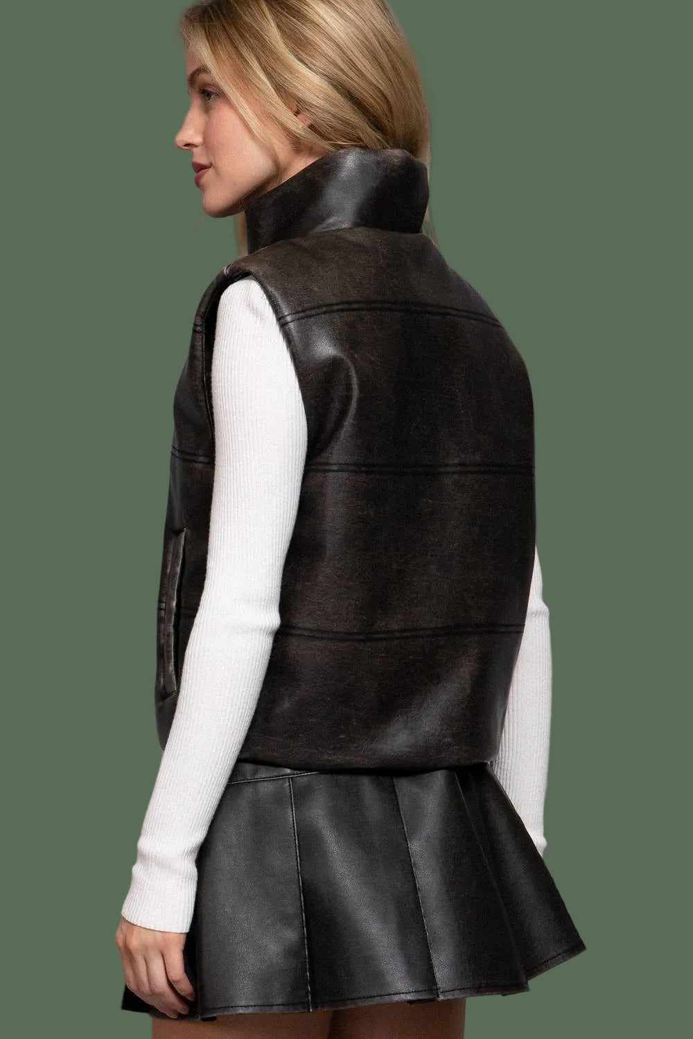 Washed Effect Faux Leather Vest (Black)