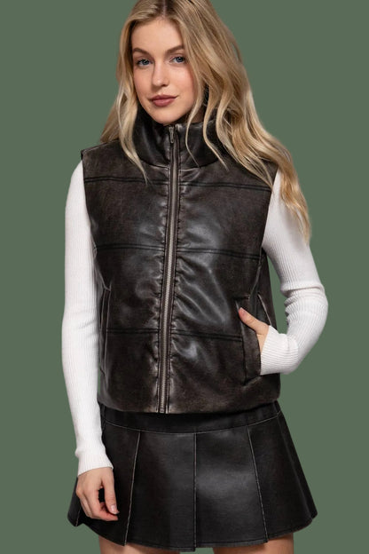 Washed Effect Faux Leather Vest (Black)