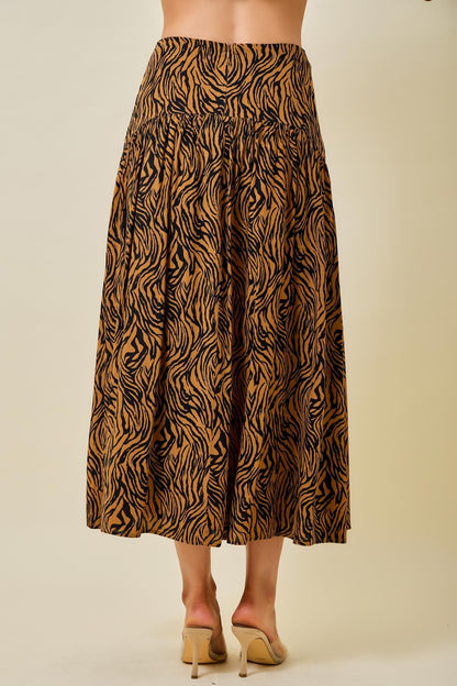 Flared Tiger Print Maxi Skirt (Brown)