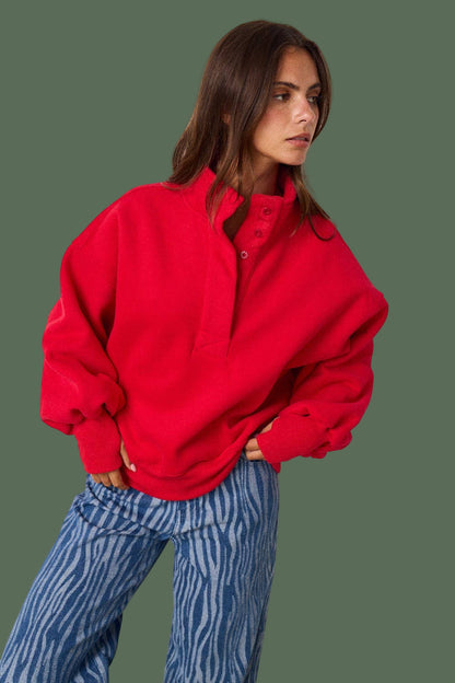 Sadie Half Button-Up Pullover (Red)